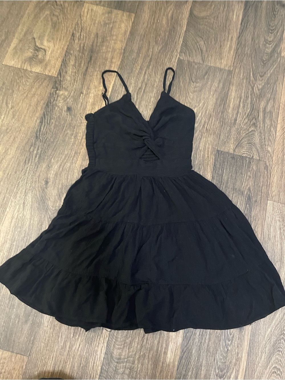 Angie Black Swiss Dot Twist Front Tiered Cutout Mini Dress